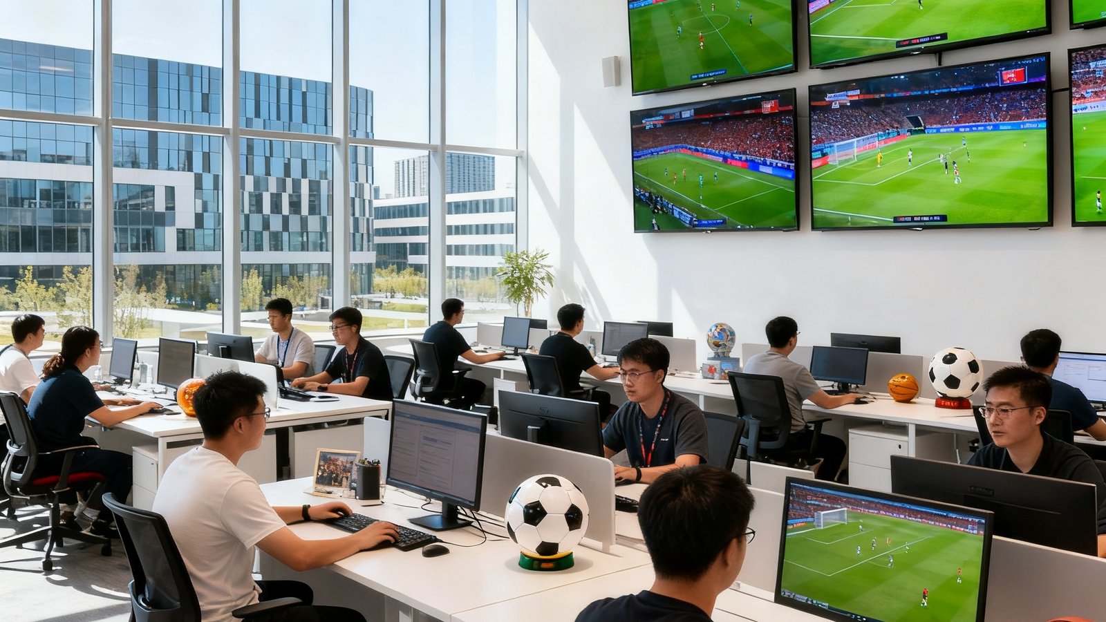友博体育科技北京办公室内景，宽敞明亮的开放式办公区，约40名员工正在工作，墙上悬挂多块大屏幕实时播放各体育赛事，办公桌上摆放着足球和篮球装饰品，窗外可见望京科技园的建筑群，整体氛围充满活力与现代感
